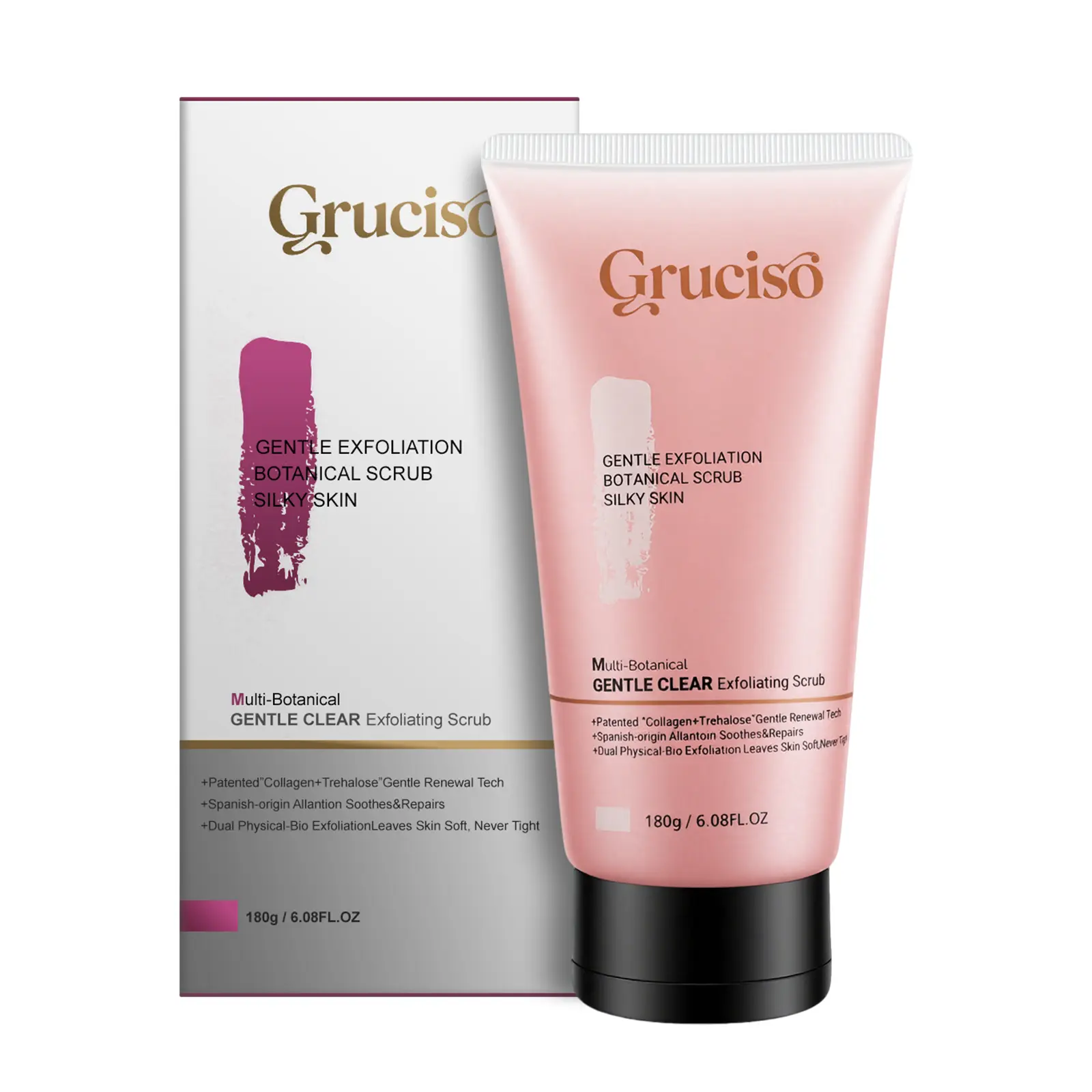 [Gruciso] Gentle Botanical Dual Exfoliation Face & Body Scrub - Cosmetic Cleanser with Collagen, Trehalose, Allantoin for Sensitive Skin, Silky Smooth Texture, Daily Moisture, Body Care & Skin Repair Exfoliating Duo Clear