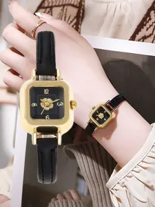 Vintage Camellia Square Small Elegant Watch for Women, Vintage Luxury Quartz Watch, High Aesthetic Value, Pointer Style