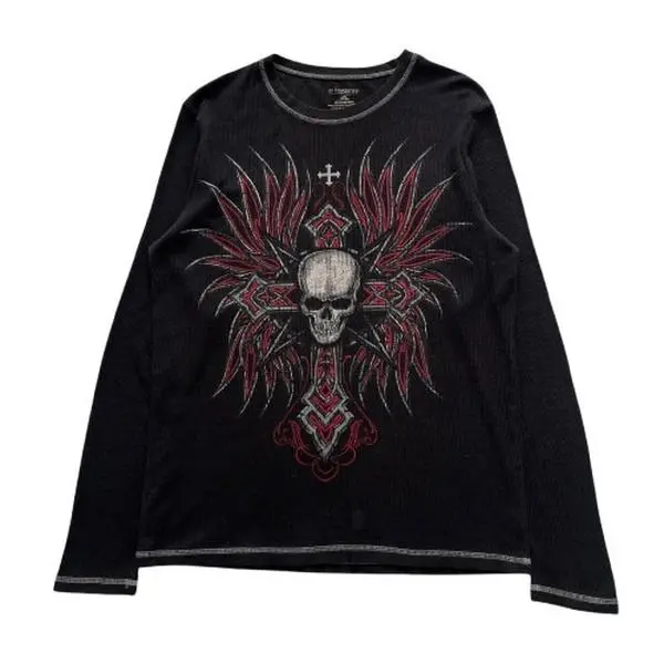 Skull Cross Wing Grunge Cyber Y2K Long Sleeve Thermal Shirt - Unisex Fashion Statement Cotton Fit