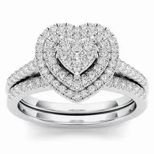 Double Halo Heart Shaped Engagement Ring Set for Women, Sterling Silver Paved Cubic Zirconia Bridal Wedding Band Stacking Ring, Brilliant Sparkle Promise Jewelry Gift for Valentine Anniversary Birthday
