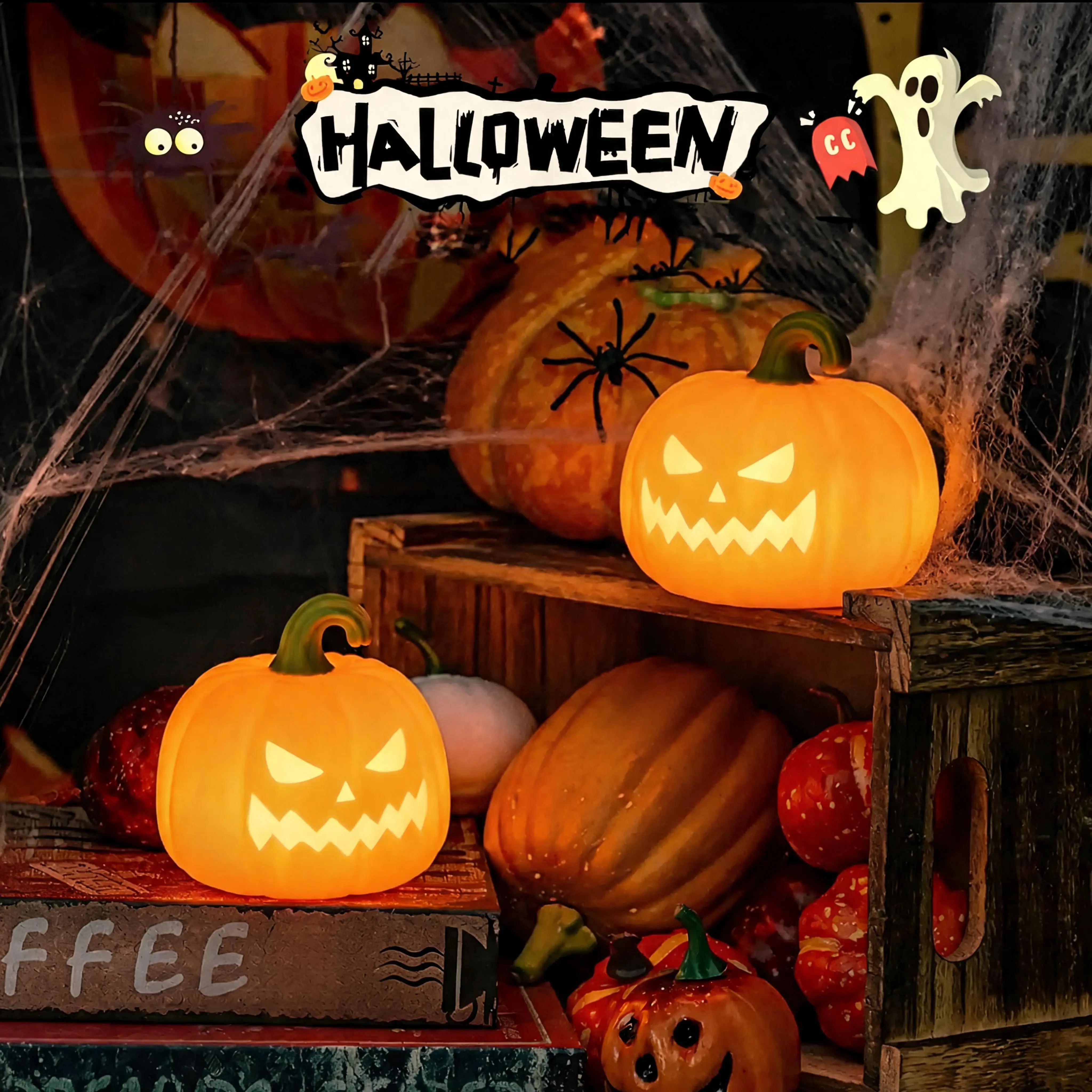 Funny Pumpkin Night Light Tap Control 7-Color Changing Bedside Lamp with Hanging Hook, USB-C Rechargeable Squishy Ambient Light, Fall Room Decor Birthday Gift for Kids Friends Hallow Ghost