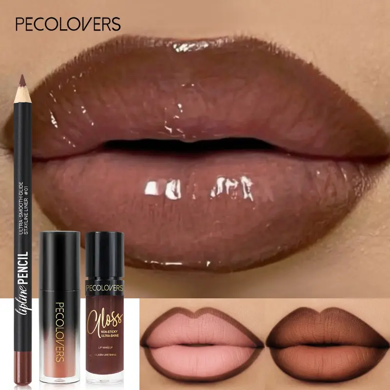 3-Piece Plumping Hydrating Lip Set, Nude and Brown Mirror-Shine Glossy Liquid Lipstick with Matching Lip Liner, Lip Glosses, Mirror Like Gloss