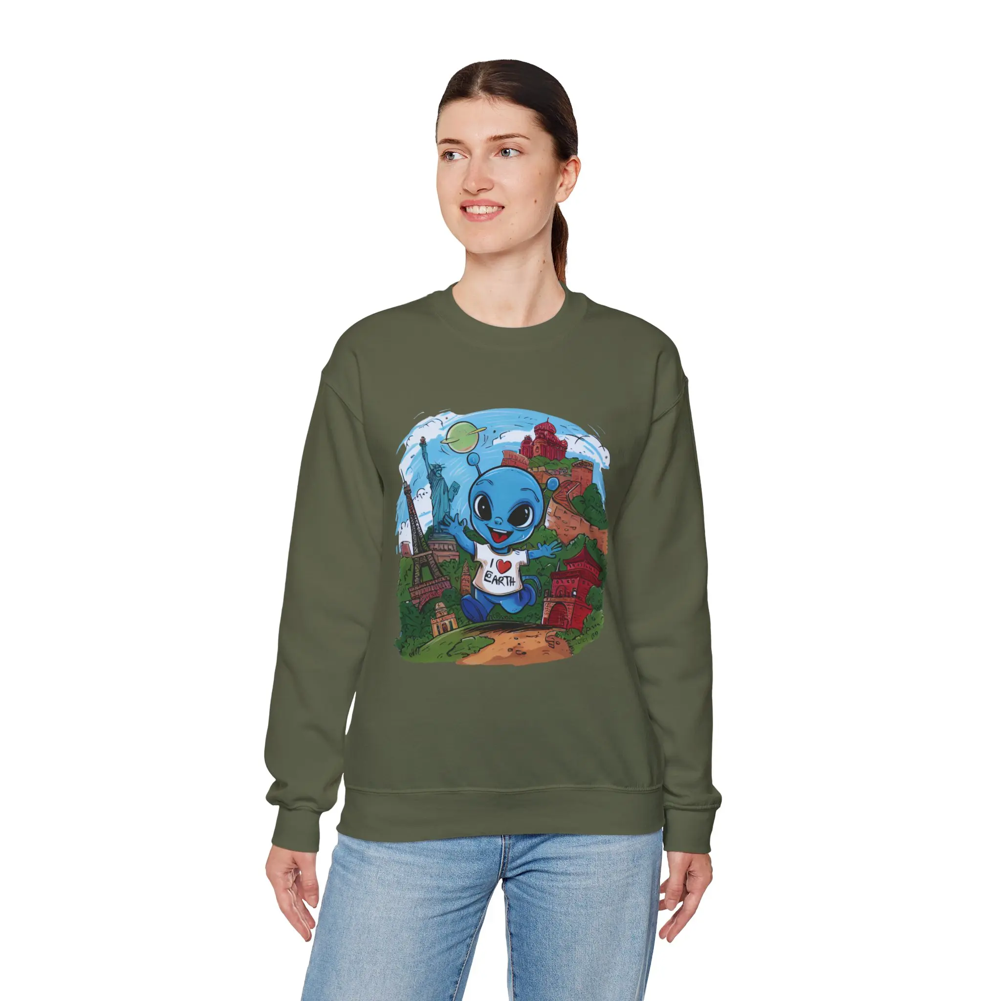 Alien Loves Earth Cartoon Crewneck Sweatshirt, Cute Sweatshirt, Unisex Gift for Earth Lovers, Comfortable Casual Wear, Gift for Nature