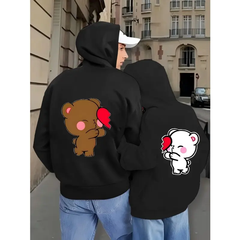 Women's Zip-Up Hoodie with Cartoon Bear Heart Graphic, Casual Long Sleeve Cotton Blend Fabric for Couple's Matching