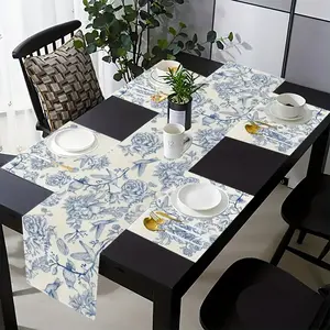 5-piece set/7-piece set table flag placemat floral tablecloth blue and white retro monochrome sketch floral tablecloth suitable for kitchen and dining rooms, floral table decoration suitable for family gathering decoration