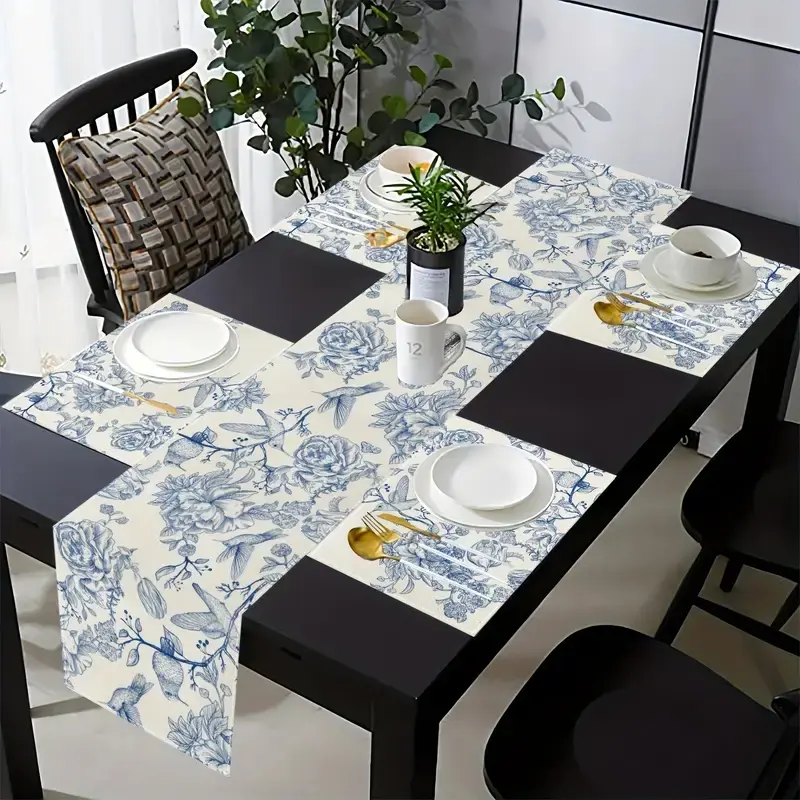 5-piece set/7-piece set table flag placemat floral tablecloth blue and white retro monochrome sketch floral tablecloth suitable for kitchen and dining rooms, floral table decoration suitable for family gathering decoration, Rectangle tablecloth