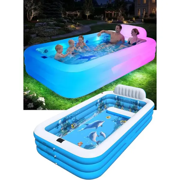 Extra Large Inflatable Pool with Solar LED Lights for Adults & Kids 120 x 73 x 20 Inch Blow Up Family Swimming Pool with Built-in Seat & Backrest Backyard Outdoor Lounge Pool Durable Above Ground Summer Pool