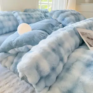 Rabbit Plush Blue White Comforter Sets - 3PC Faux Fur Bed Set Skin Friendly Soft Warm Velvet Flannel Fluffy Fuzzy Bedding（Comforter x 1,Pillowcases x 2,No Fillers)