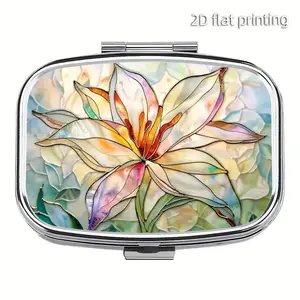 Colorful Glass Floral Medicine Box, 2 Compartment Portable Pill Organizer, Food Grade Plastic & Metal, Travel Vitamin Case, Artistic Design