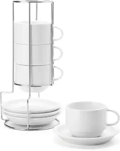 2.5 Ounce Porcelain Stackable Espresso Cups with Saucers and Metal Stand Set of 4, White Coffee Drinkware