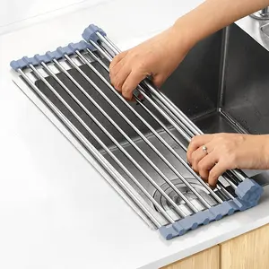 Over The Sink Dish Drying Rack - Roll Up Stainless Steel Foldable Drainer with Silicone Lining - Space Saving Kitchen Organizer for Dishes Bowls & Fruits - Gray Cabinet Mountable Drying Rack - Rustproof Dish Draine