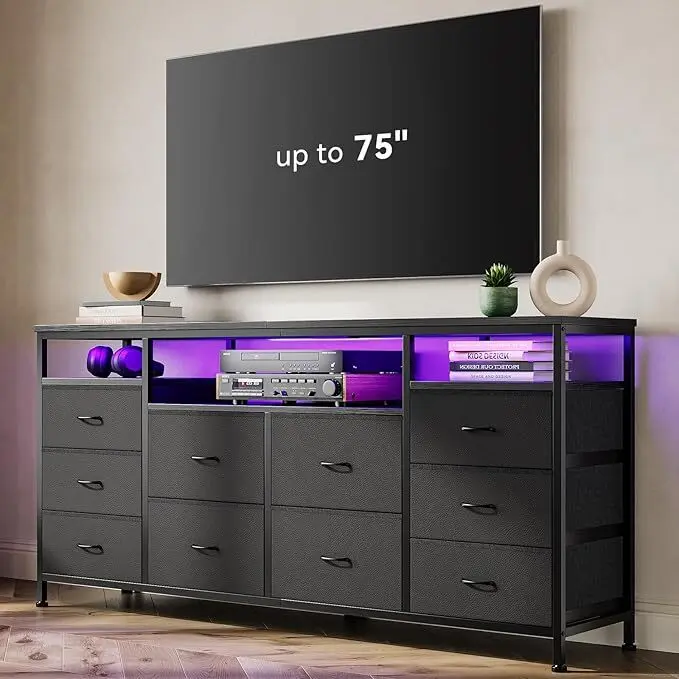 Sturdy Black Wood TV Stand - 63.3in TV Console Table with 10 Drawers, LED Lights, Power Outlets Charging Station, Lightweight Metal Frame, Freestanding, Fits 65/70/75in TVs, Living Room Indoor Furniture, Storage Dresser