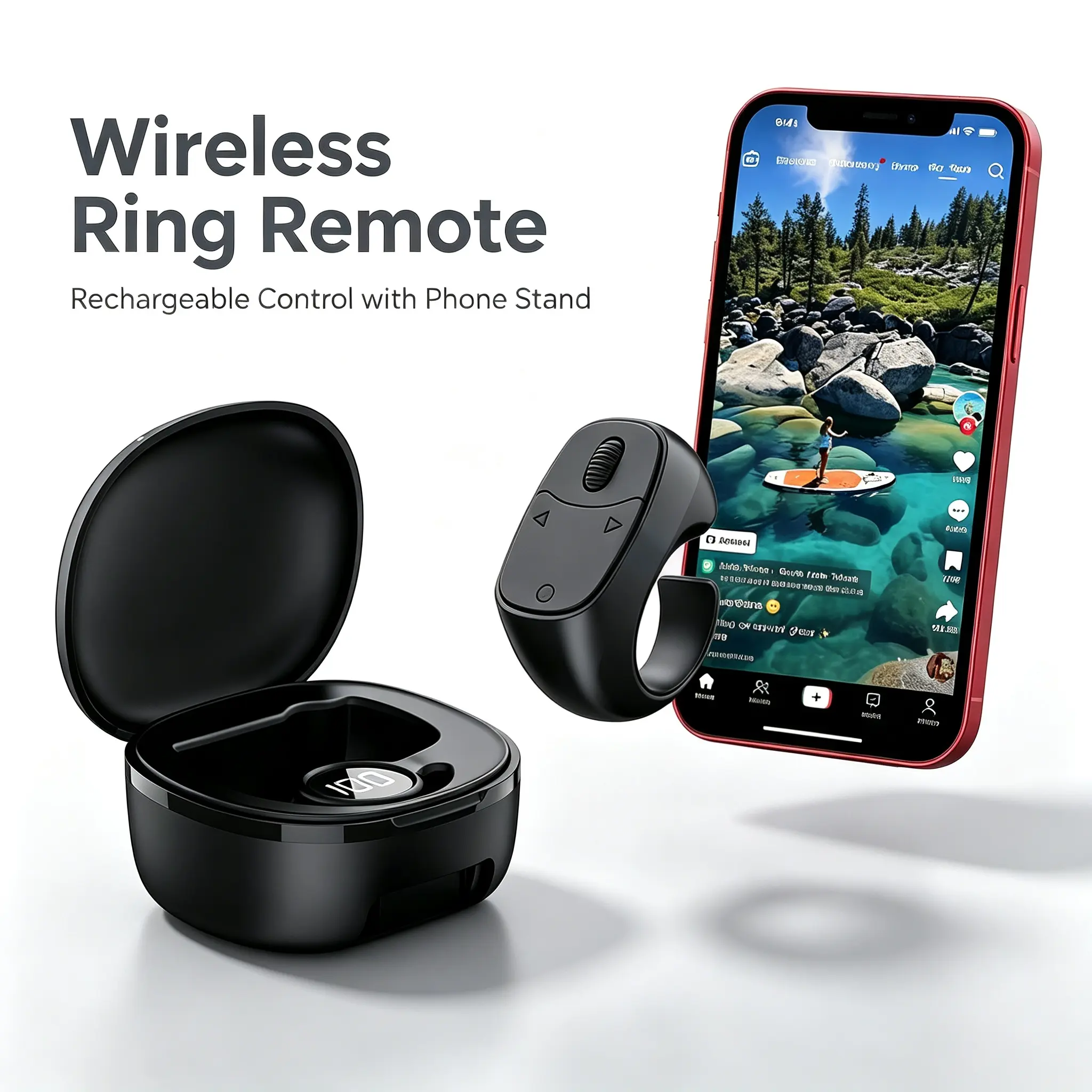 2026 New Wireless Bluetooth Ring Remote Clicker with Scroll Wheel, Hands-Free Control for Scrolling, Liking & Camera Shutter, Built-in Charging Case & Phone Stand, Compatible with iPhone & Android, Content Creator Selfie Accessory