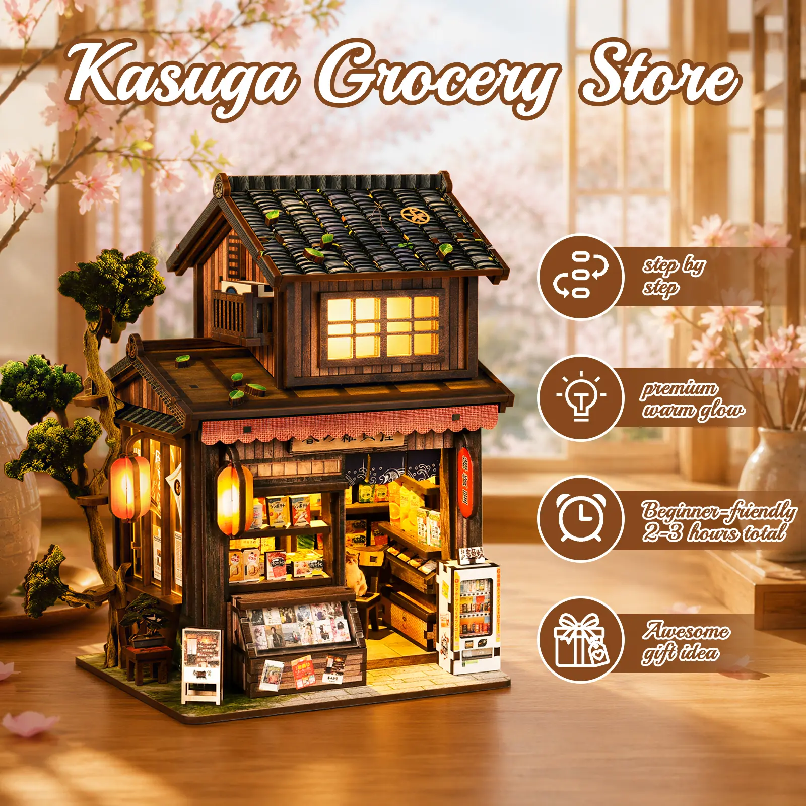 NOANTA Kasuga Grocery Store Book Nook Kit - Unisex Beginner-Friendly DIY 3D Wooden Puzzle Building Set, Victorian-Style Rustic Bookshelf Decor Miniatures with Cute Snacks & Cat Accents, Creative Building Block Awesome Gift Idea for Enthusiasts magic world