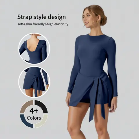 Women's Fitted Long-Sleeve Active Dress - Crew/High Neck, Built-in Bra & Shorts, Tie Detail, Breathable, No Layering, for Tennis, Golf, Casual Wear, Active Dresses
