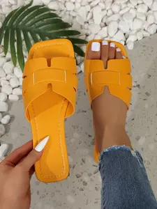 Spring Summer Fall Women's Shoes, New Arrival Dressy Versatile Flat Sandals, Pu Leather Slides, Square Toe PU Leather, Casual Style, Less Than Ankle Height, All Seasons, Rubber