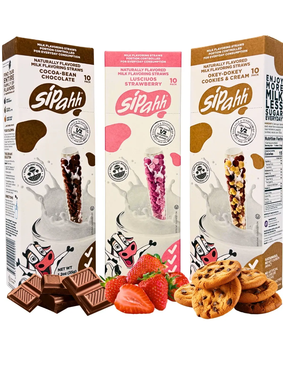 Milk Flavoring 30 Straws, STRAWBERRY, CHOCOLATE, COOKIES FLAVORS, A SIPAHH STARTER, Low Sugar, Kids Drink, Works with Any Milk, Perfect for Lunchboxes & Gifting, Chocolate milk, Strawberry milk, Flavored milk, Sipahh flavoring straws, Healthy snack kids