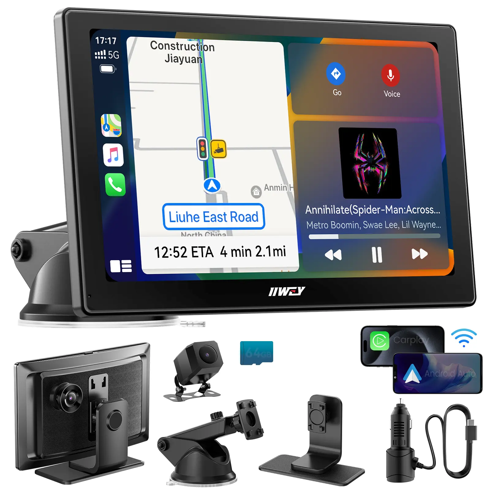 【Flash Sale】IIWEY iK5 9" Wireless Apple CarPlay & Android Auto Screen, Portable Car Stereo with 4K Dash Cam & 1080p Backup Camera, Add CarPlay to Any Vehicle, Touchscreen, Mirror Link Car Video Players Car Tv Stick Wifi Car Dvr