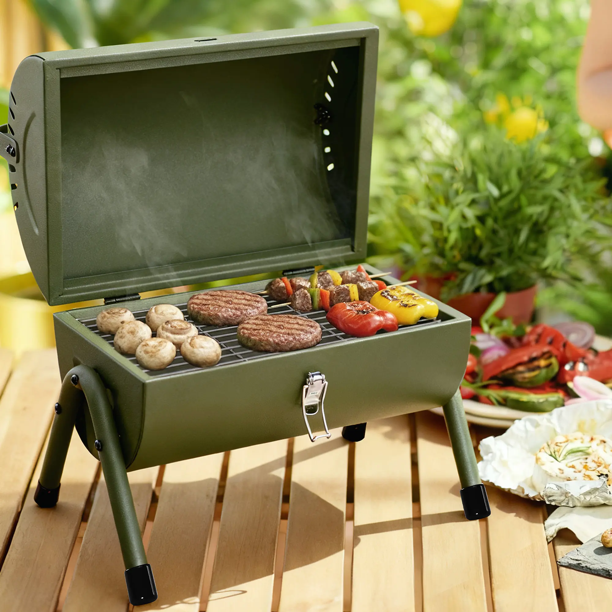 Royal Gourmet CC1015L Portable Charcoal Grill, 147 Sq In Compact BBQ with Lid Latch for Travel, 4 Air Vents & Carry Handle, for Camping, Backyard, Picnic, Olive Green