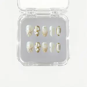 EDGE ESSENCE WHITE BEACH Ocean Motif Press-On Nail Art Set EW010 | Pearl & Shell Accents for Elegant Coastal Vacation Nail Looks
