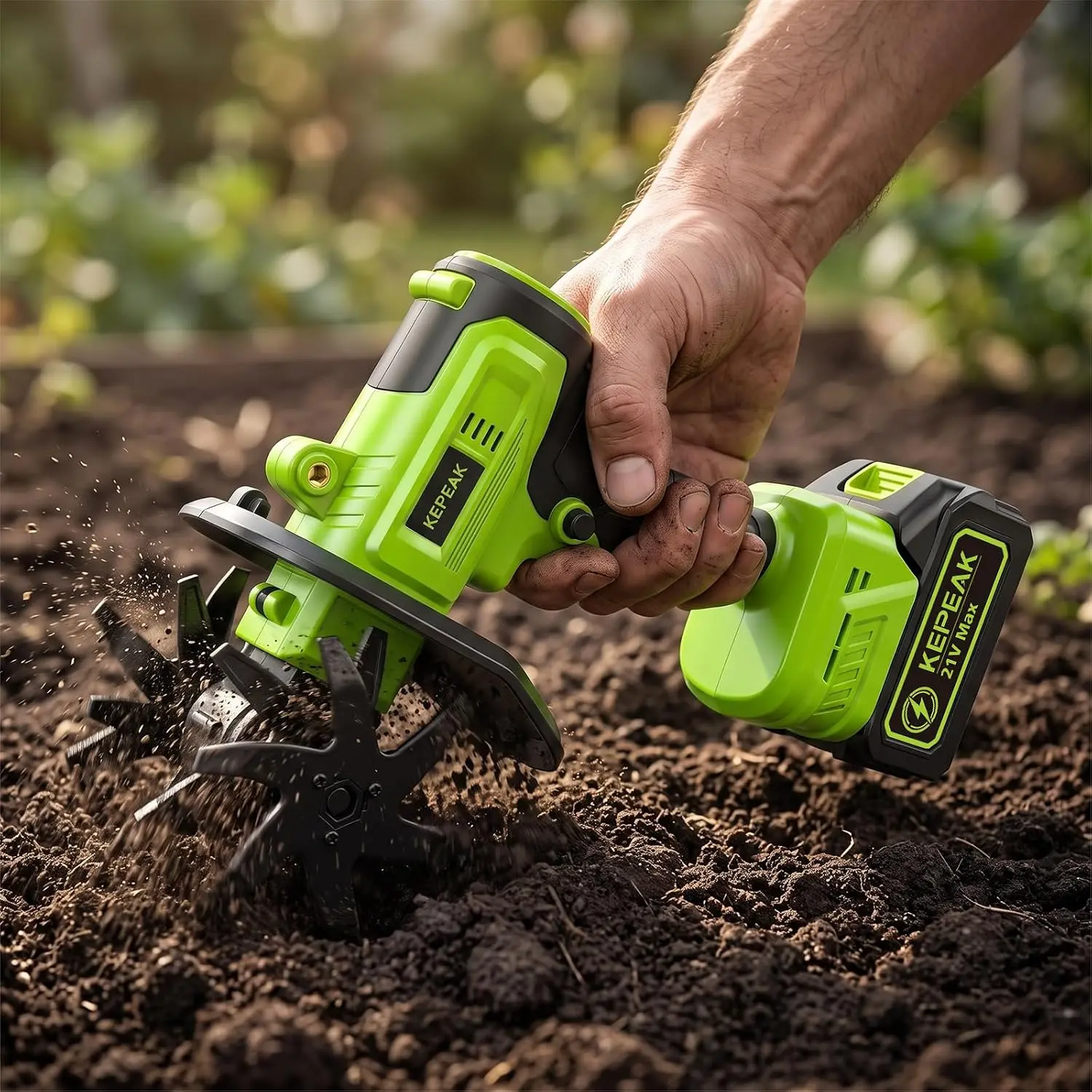 【SUMMER SALE】KEPEAK Portable Micro Tiller, 10-Cell Lithium Powered Handheld Soil Cultivator with 1300mAh Battery & US Plug Charger, Carry Box Included, Gas-Free Garden Tiller for Small Backyard