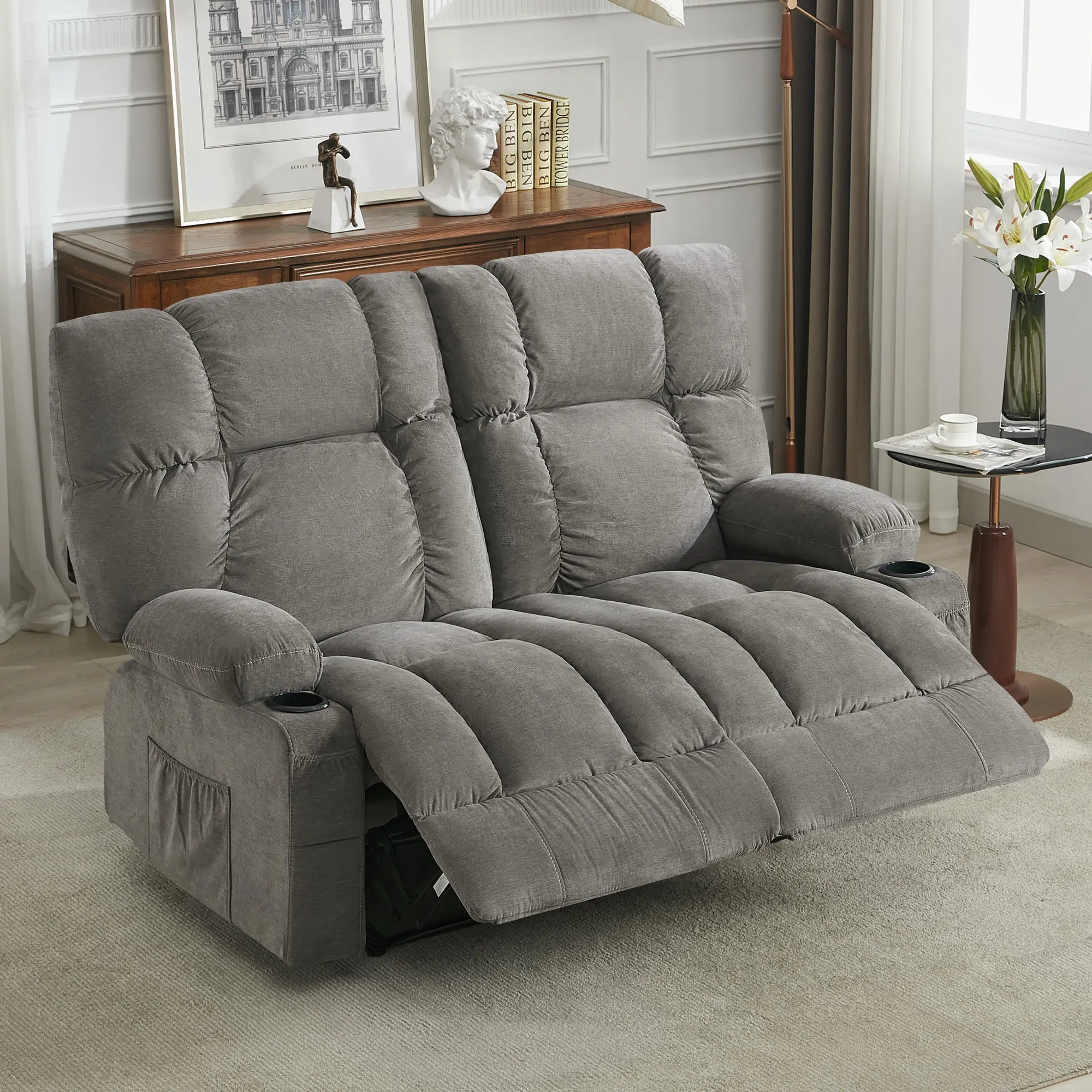 JONPONY Reclining Loveseat with Cup Holders for Living Room 2 Seat Manual Loveseat Recliner with Side Pocket,Grey