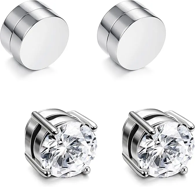 Stainless Steel Magnetic Stud Earrings for Men Women Non-piercing CZ Hypoallergenic