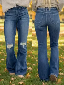 Gilipur Y2K Flare Denim Jeans, Knee Ripped Design, Pocket, Casual Spring Summer Daily Wear, Slim-Fitting Button Fly Pants, All Season Fashion, Women Womenswear Bottom