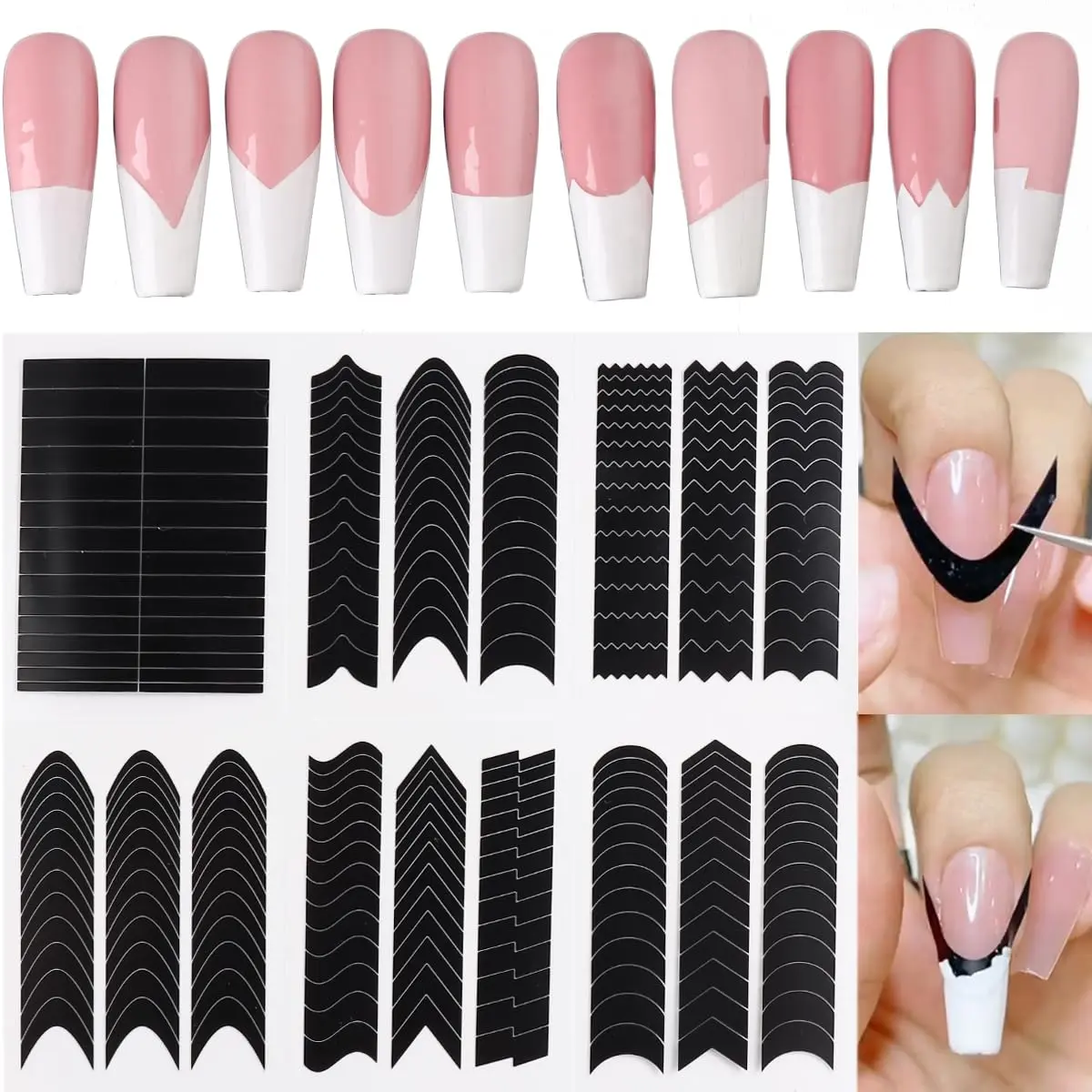 French Tip Nail Stickers 6 Sheets Self-Adhesive Nails Sticker French Tips Guides Tool Wave Lines Nails Tape for Nail Art Airbrush Stencils Set