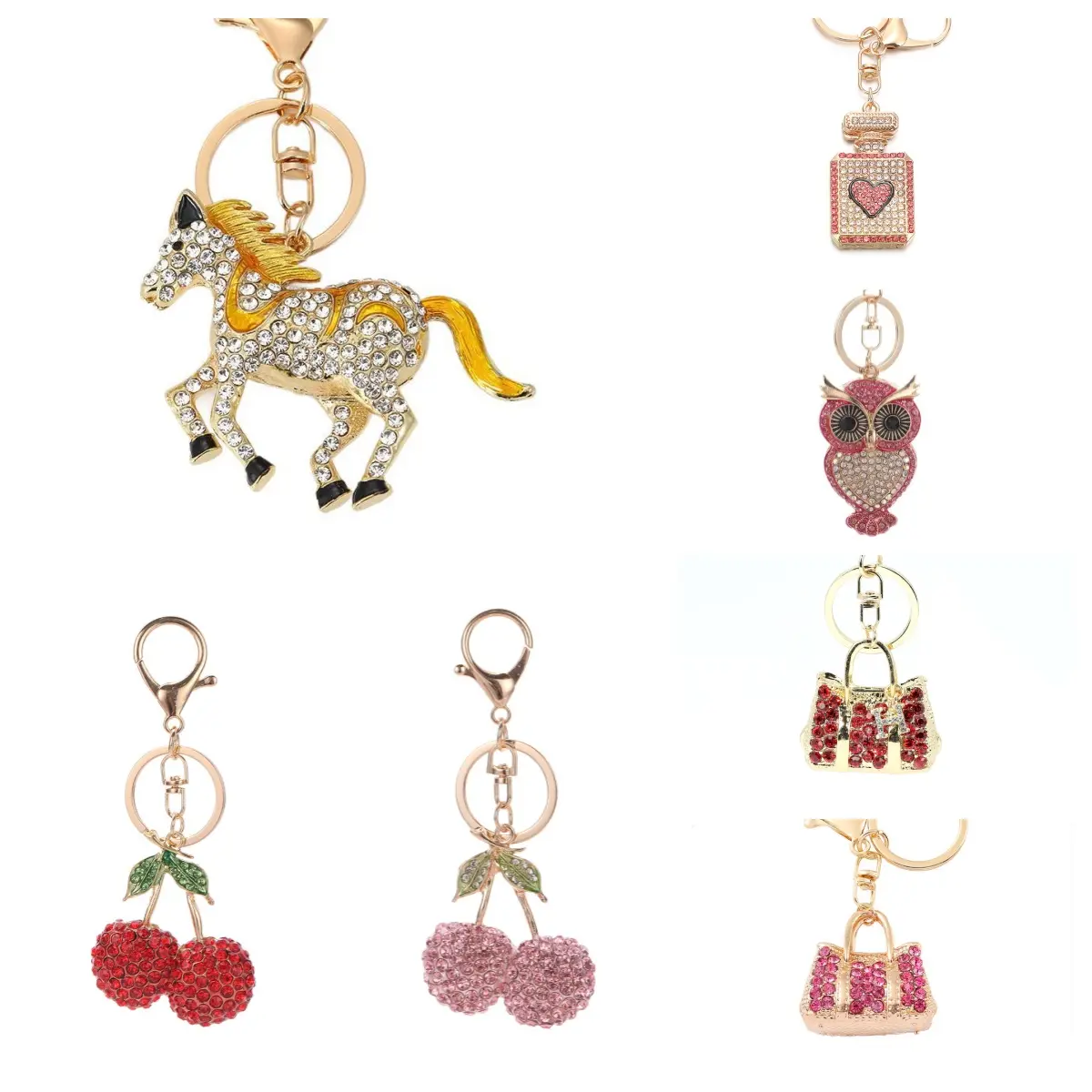 Sparkly Bling Rhinestone Keyrings – Crystal Horse Owl Cherry Perfume Handbag Purse Charm Pendant, Shiny Car Key Fob Backpack Accessory, Bag Charms, Cute Keychain Gift for Women Girls Christmas
