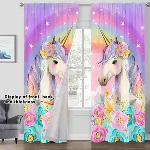 Unicorn Pattern Curtain, 2 Counts/set Cute Colorful Unicorn Printed Curtain, Home Decorative Curtain, Window Drapes, Window Treatment for Home Living Room Bedroom Study Room Kitchen Bathroom