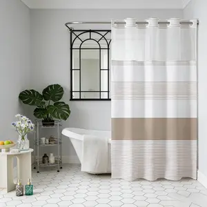 (WATERPROOF AND QUICK-DRY)Striped geometric double-layer shower curtain, mesh top window, hook-free design, easy installation, farmhouse, hotel, modern home decoration, 72x75in