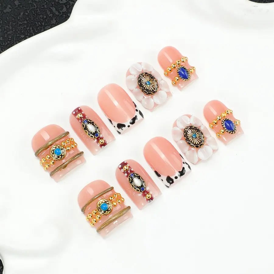 10pcs Square Handmade Nail Tips Y2K ,Turquoise & Gold Metal Concho Nail Art Design,Cow Print French Tip Fake Nails,Long Square Reusable Glue On Nails for Women,Female nail stickers, shiny nails for dating and daily wear, including toolkits, DIY Nail Kit