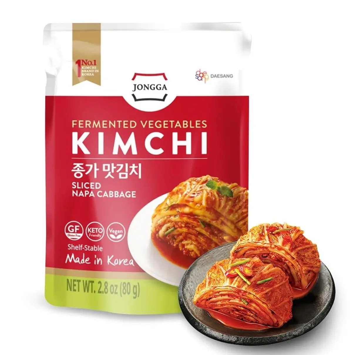 Spicy Premium Fermented Kimchi Napa Cabbage [ FUN SIZE Pouch Pack of 8] - [Original] – (Gluten Free / KETO / Vegan) | 0 Fat/ 0 Sugar/ 0 Cholesterol | Long Shelf Life | Perfect for Ramen & Stir-Fries - JONGGA