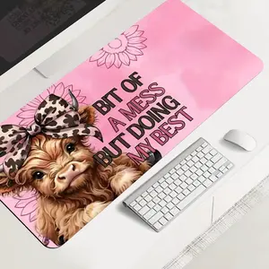 Cute Highland Cow in Floral large-sized gaming mouse pad, aesthetic desktop protection pad, anti-slip rubber lock edge high-definition printing, suitable for computers, laptops, offices, homes, schools, as a gift for family and friends, Gaming Mousepad