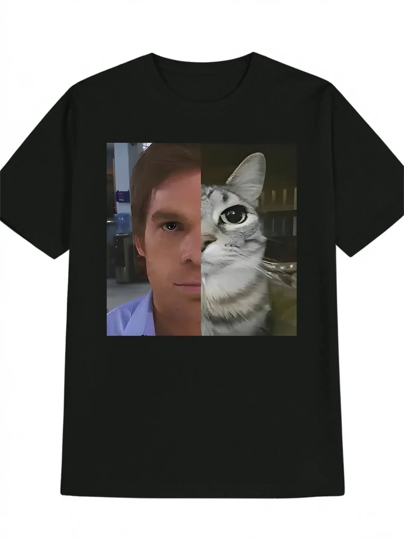Women's 100% Cotton Breathable Casual T-Shirt - Viral Half Dexter Morgan Half Larry Cat Meme Split Face Funny Graphic Top
