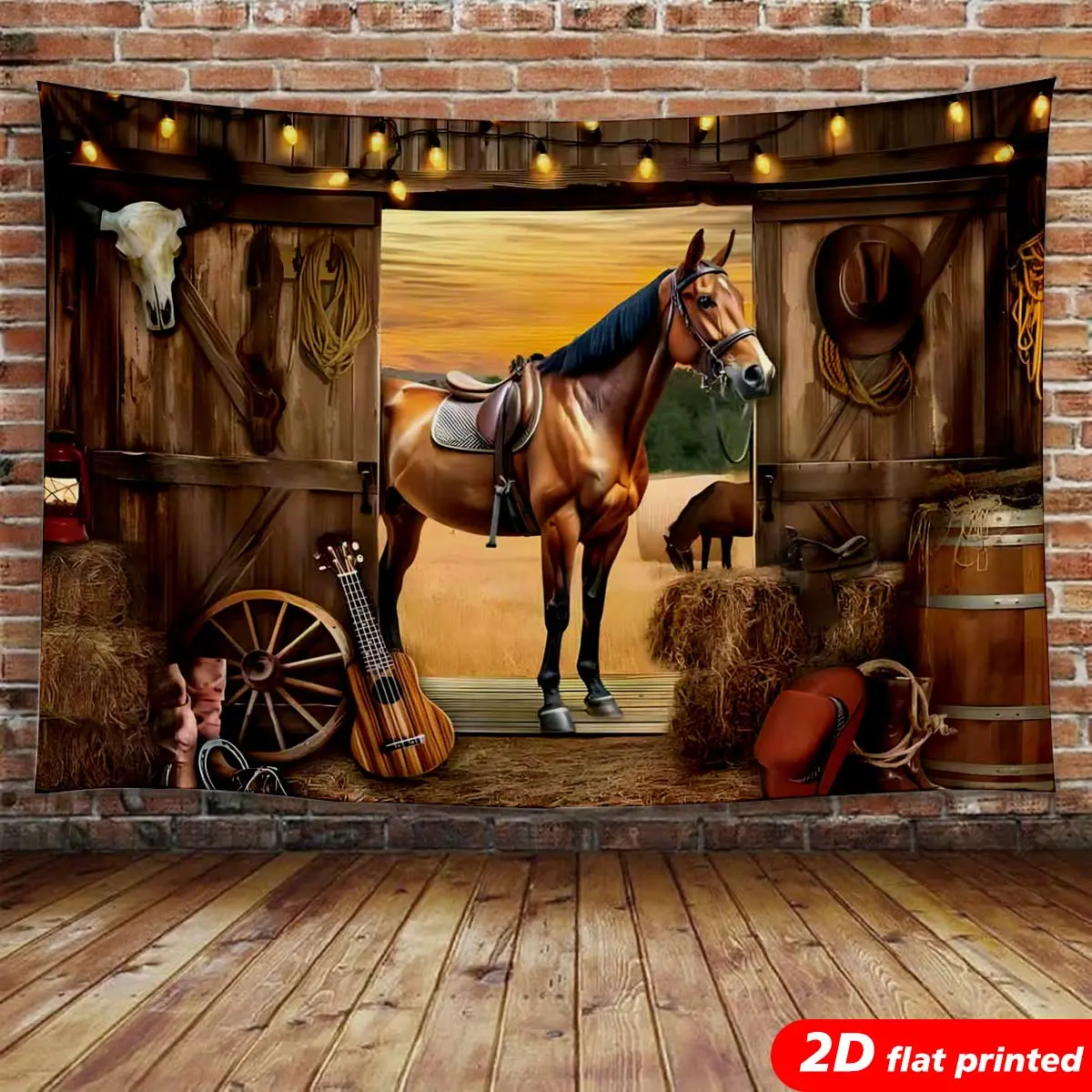 Rustic Western Cowboy Horse Barn Tapestry Wall Hanging - Full Print Sunset Backdrop, Wooden Farmhouse Room Art, Country Home Decor for Man Cave, Ideal Gift or Studio Prop, Cowboys, Farm Style Tapestries, Wrinkle Resistant, Western Cowboy Style Tapestries