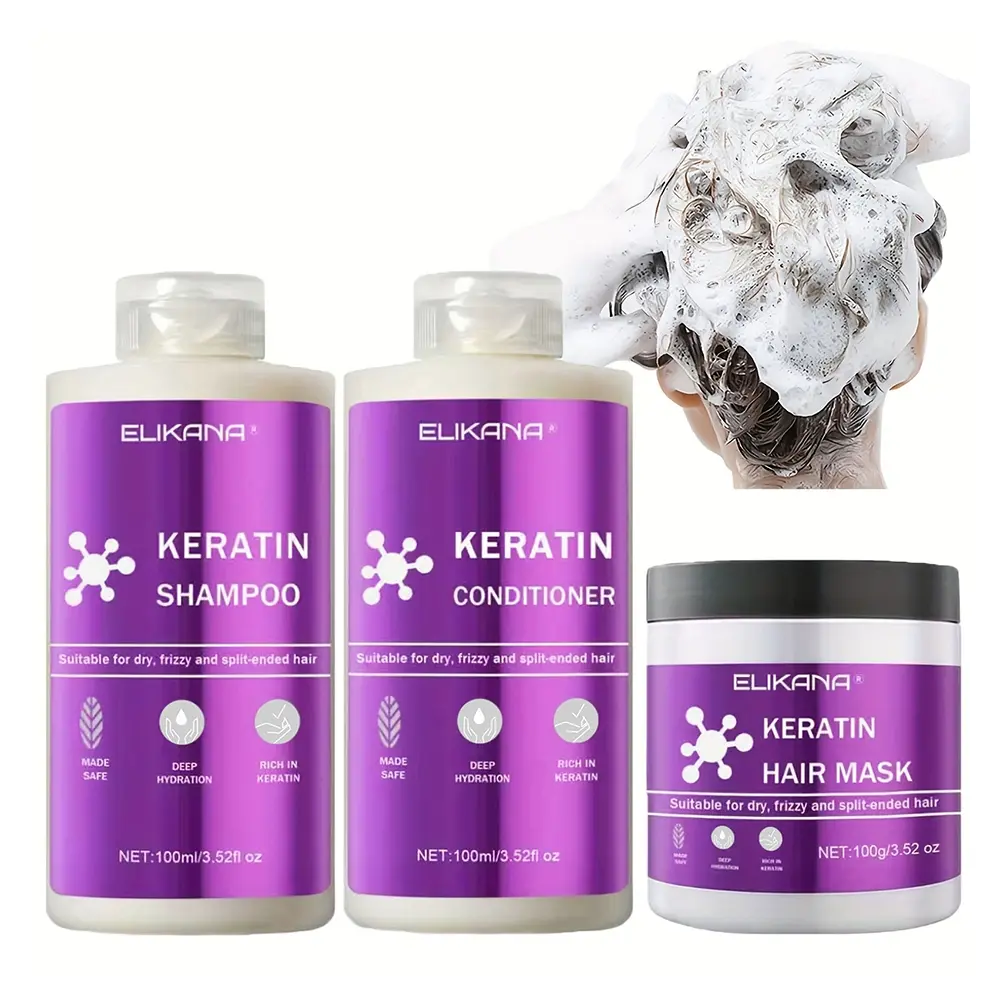 Keratin shampoo set, Haircare kit, Hydrating, Nourishing, Conditioning, rich in vitamins and collagen, hydrates and cares for scalp and roots, smooths frizz and split ends, daily moisturizing haircare, including hair mask, shampoo, conditioner