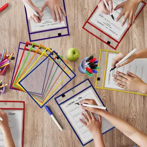 Random Color Reusable Dry Erase Pocket Set, Including 10pcs Clear Plastic Sheet Pocket & 10pcs Pen, Dry Erase Markers, School Classroom Supplies