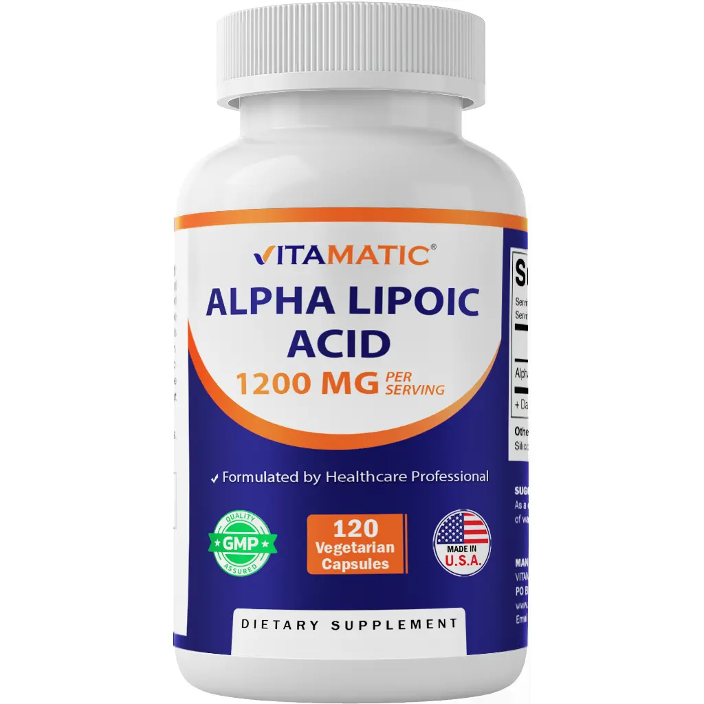 Vitamatic Edible Alpha Lipoic Acid Antioxidant Vitamin Supplement - 1200mg Per Serving, 120 Vegetarian Caps, Self Care Products, GMO Free, Gluten-Soy-Dairy-Free, Supports Cellular Energy Metabolism, Youth Nerve Health