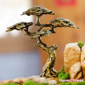 Copper Alloy Detailed Charming Mini Pine Tree Statue Artwork - Traditional Fengshui Fortune Decorative Ornament, Unisex Home & Garden Decor, Ideal for Bonsai Use & Anniversary Gifting, Indoor-Outdoor