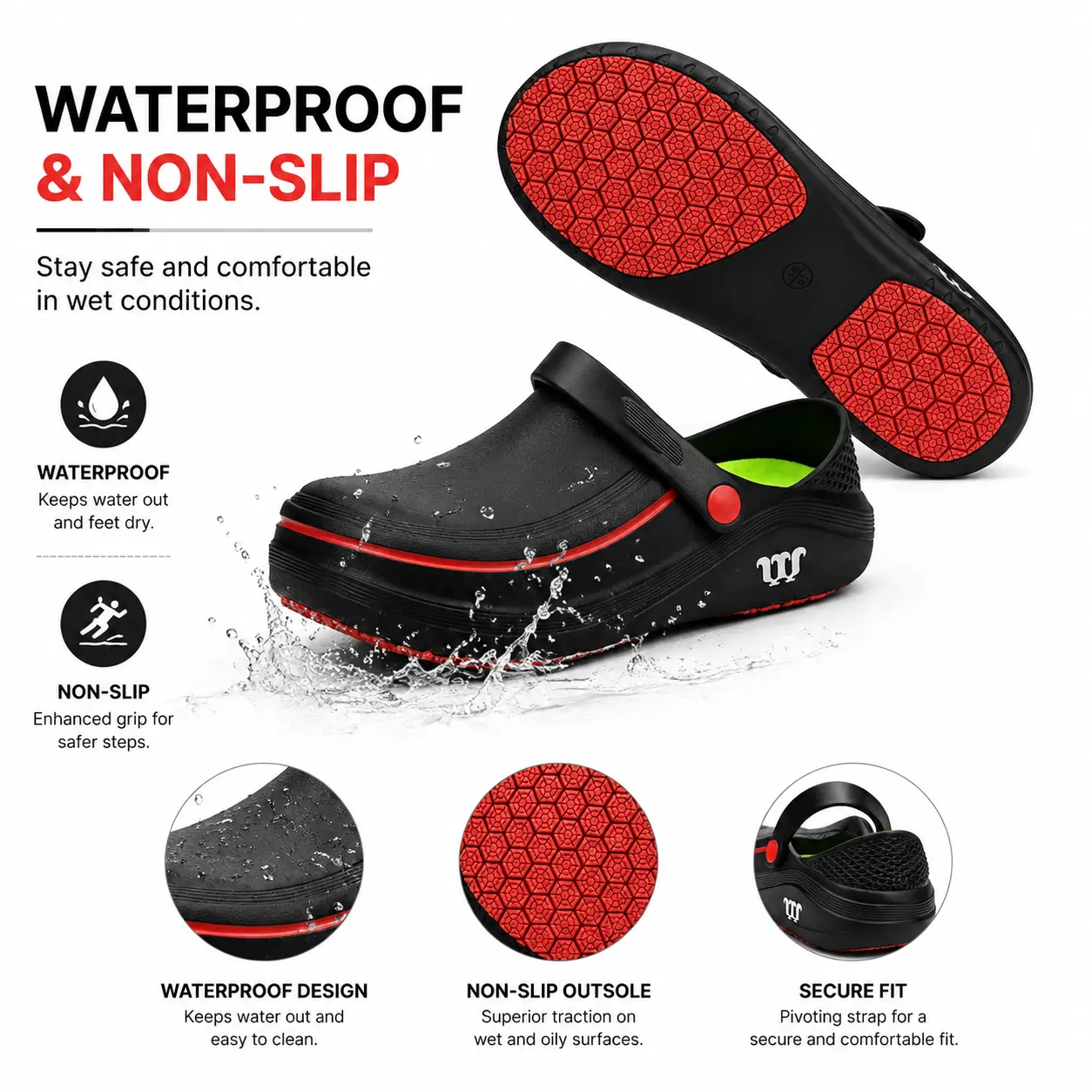 Men's Convertible Slip-On Clogs, Anti-Skid Work & Safety Footwear, Waterproof and Oil-Resistant for Kitchen or Nursing, Slip Resistant Work & Safety Footwear, Waterproof Anti-Slip Work & Safety Footwear