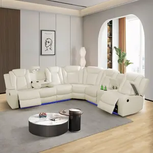 Power Recliner Sectional Sofa Set with LED Light, Living Room Furniture Sets, Breathing Leather Recliner Sofa Set, Reclining Corner Couches with  Storage Console/Cup Holder for Apartment