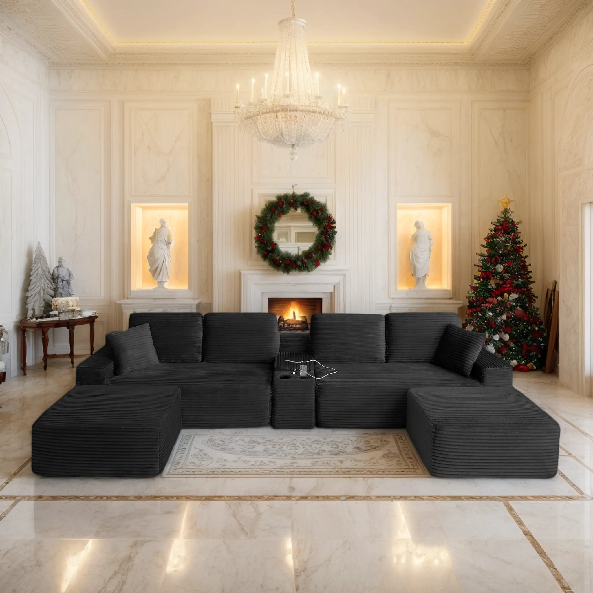 Eyisean 150" U-Shape Corduroy Modular Sectional Sofa, 4-Seater Smart Cloud Boneless Couch with USB Ports and Cup Holders, Storage, Deep Seat, No-Assembly Boneless Couches for Living Room, Apartment