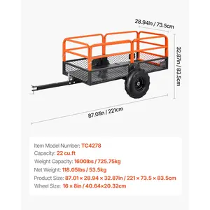 VEVOR Garden Utility Trailer, 22 Cu. Ft. 1600lbs, ATV UTV Trailer, Tow Behind Steel Dump Trailers, Removable Rear Panel, Heavy Duty Pull Behind Yard Trailers for Lawn Mower Tractor Garden Waste