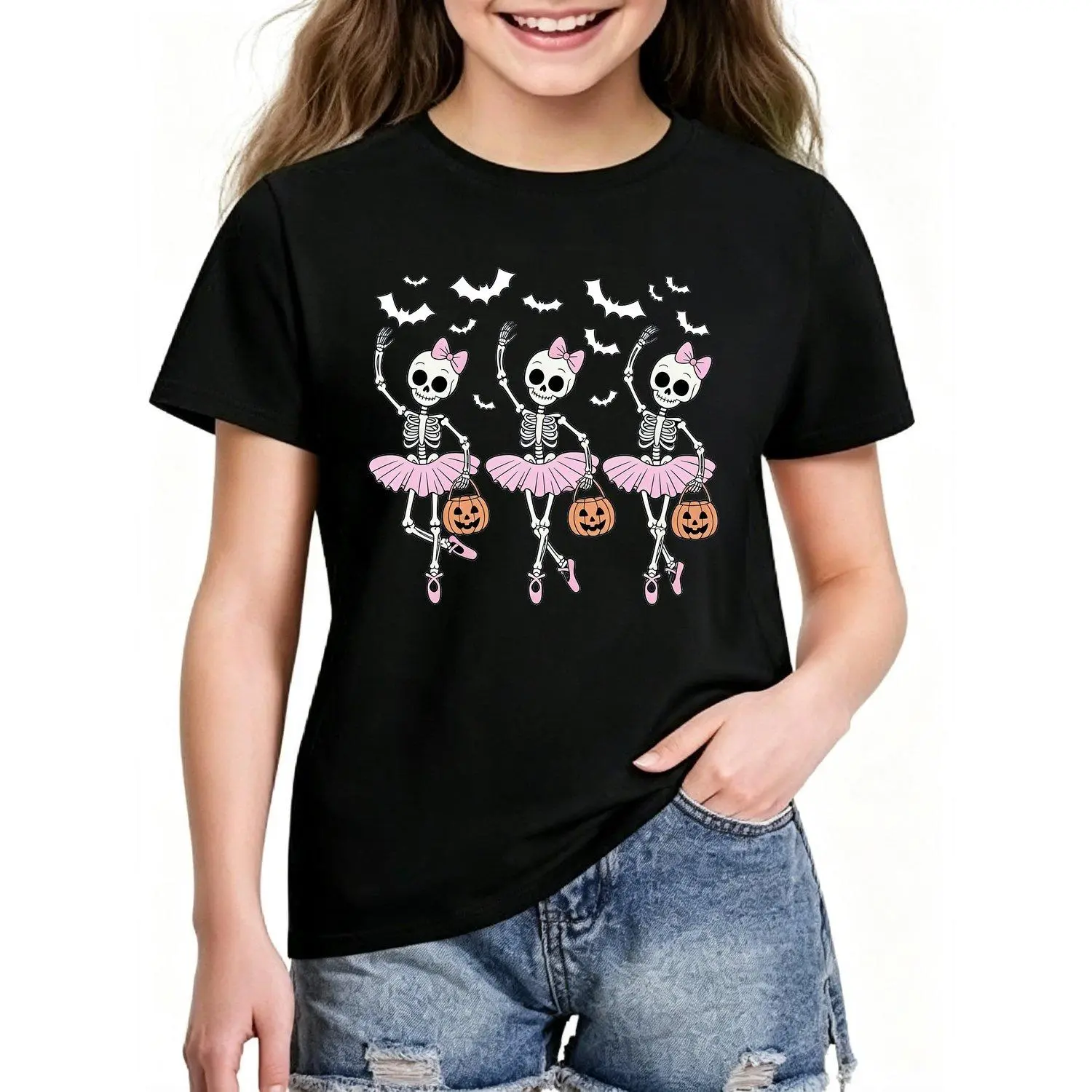 Girls T Shirts Halloween Clothes Clothes Cute Skeleton Ballerina Print Short Sleeve Soft Casual Tee Funny Pumpkin Bucket Graphic Summer Holiday Outfit for Toddlers