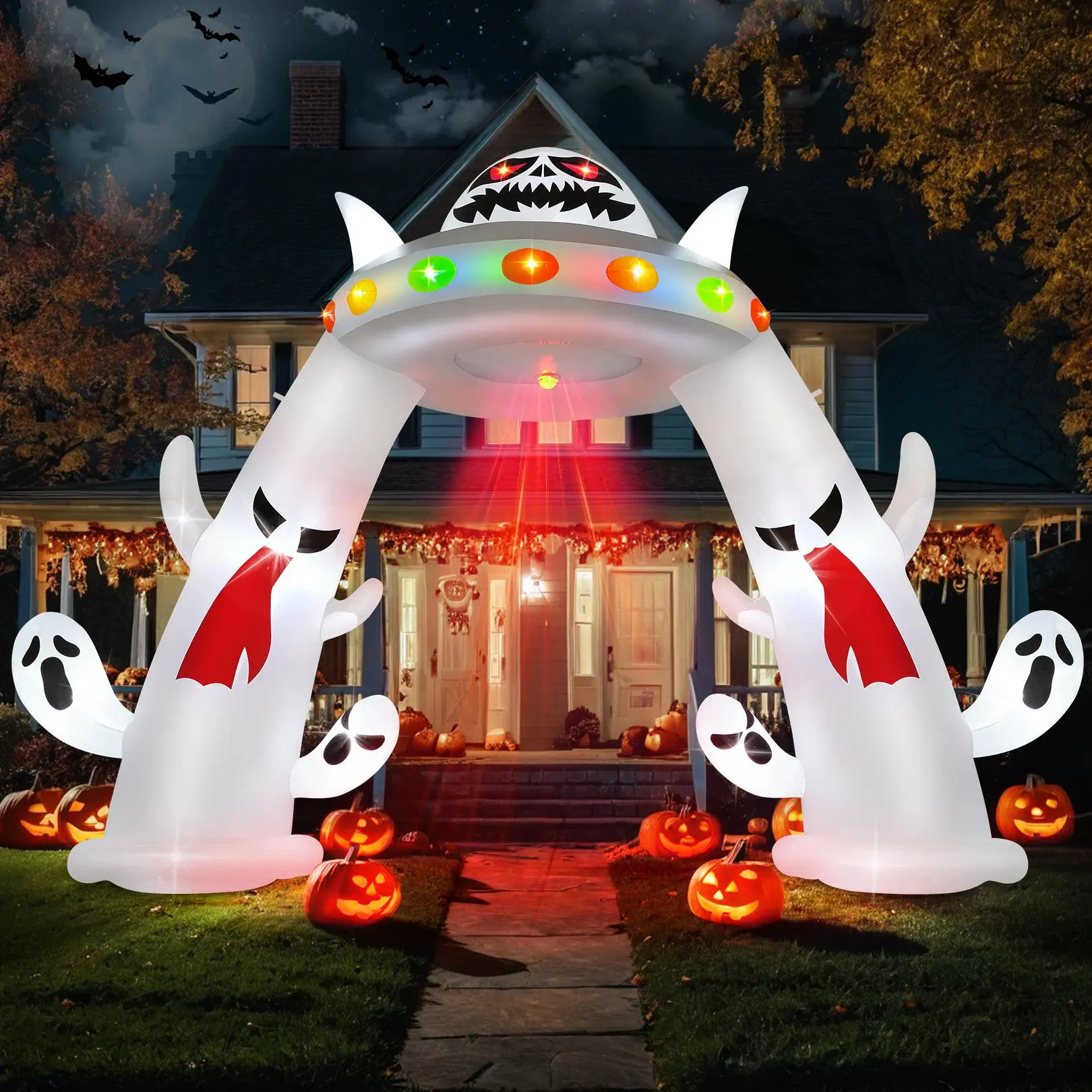 AKEYDIY 9 FT Tall Halloween Inflatable Ghost UFO Archway Decor, Large UFO Spaceship Design Inflatable Ghost Arch with Built-in LED Lights & Glowing Red Eyes, Outdoor Ornament for Party, Garden, Lawn & Holiday Decor home festive party decor