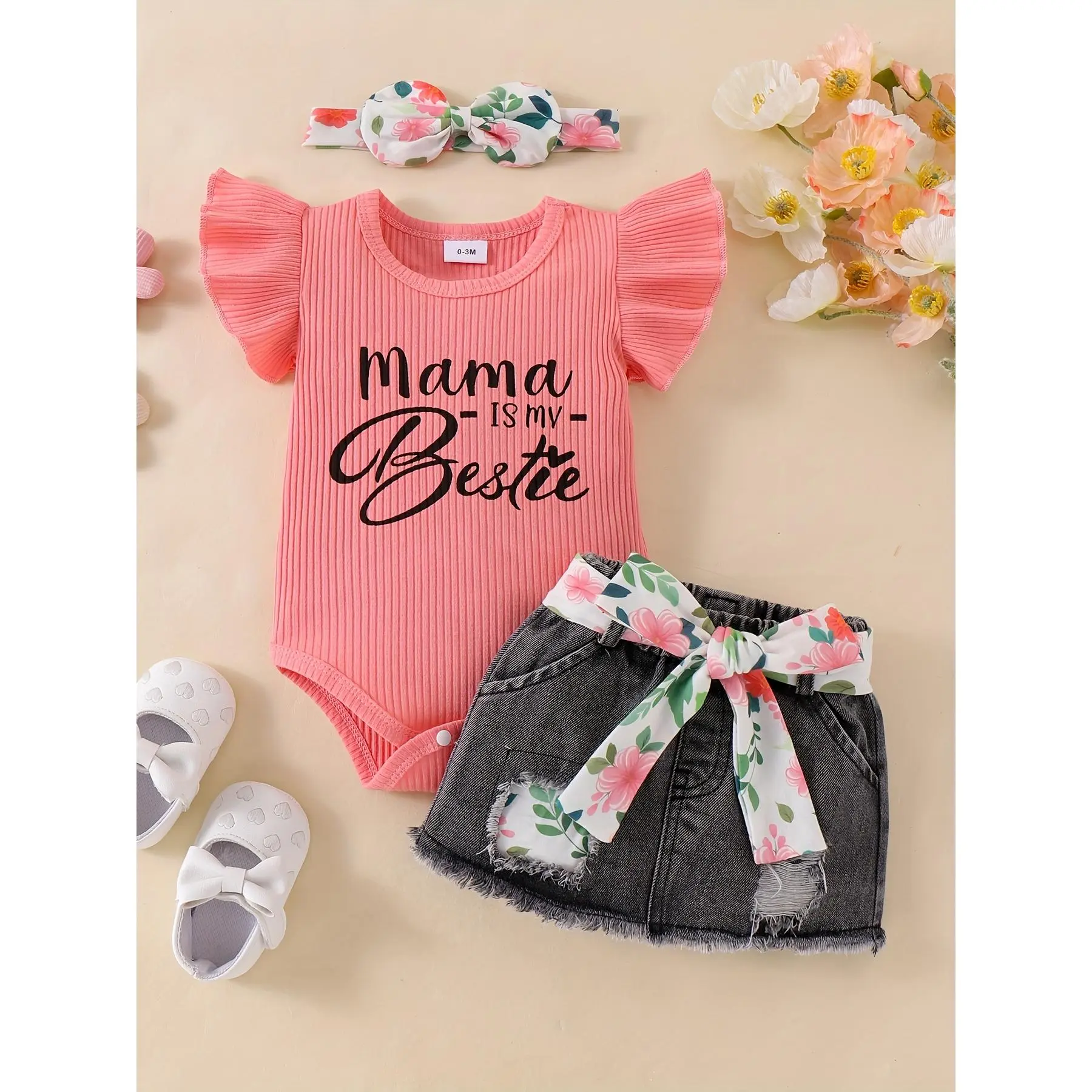 Newborn Outfit Set for Baby Girls Featuring a Romper with Ruffle Sleeves, a Short Denim Skirt, And a Matching Headband, Suitable for Infants Aged 0 to 18 Months, for Outdoor
