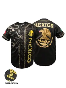 Mexico Themed Black Gold Embroidered Baseball Jersey | Button Down Casual Streetwear Athletic Top