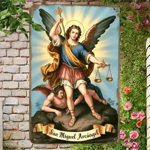 8 x 12 Inch 2D Flat San Miguel Arcángel Tin Sign – Vintage Saint Michael the Archangel Metal Print – Suitable for Room, Bathroom, Cave, Bar, Café, Garage, Garden & Outdoor Decoration